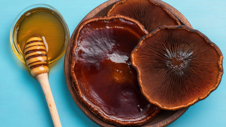 A captivating display of healthy foods featuring honey and slices of medicinal mushrooms on a wooden plate against a vibrant blue background.の素材
