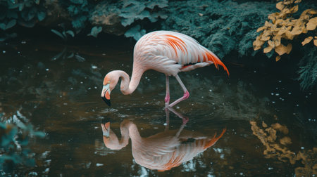 A stunning pink flamingo stands gracefully in shallow water, creating a captivating reflection. Surrounded by lively greenery, this serene scene captures the beauty of nature.の素材