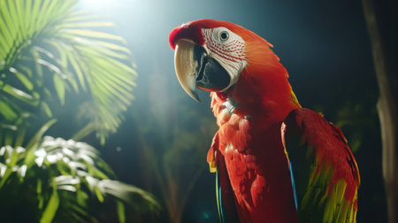 This close-up image showcases a vibrant red macaw parrot, beautifully perched among lush tropical foliage. Soft light highlights its colorful feathers and captivating expression.の素材