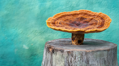 This image showcases a vibrant mushroom with intricate details growing atop a weathered tree stump, set against a soothing blue-green background.の素材