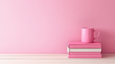 This image features a soft pink backdrop with a stack of books topped by a pink coffee mug on a wooden shelf, creating a cozy and inviting atmosphere perfect for studies or relaxing moments.の素材