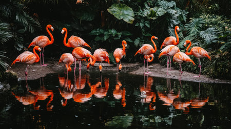 A stunning gathering of vibrant flamingos standing by a serene water surface, showcasing their beautiful orange feathers against lush tropical foliage.の素材