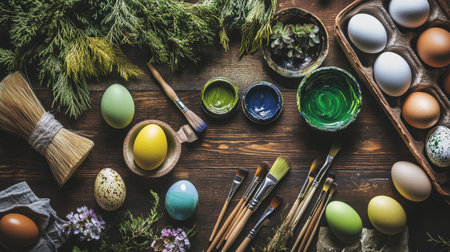 A beautifully arranged flat lay featuring colorful Easter eggs, brushes, and natural elements on a wooden table, perfect for spring festivities.の素材
