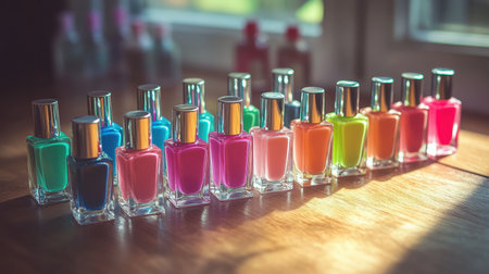 A beautiful arrangement of colorful nail polish bottles showcasing a variety of vibrant shades on a wooden surface, perfect for beauty enthusiasts.の素材