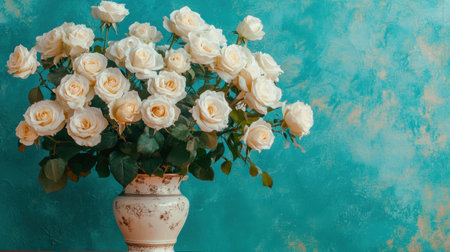 A stunning arrangement of white roses in a decorative vase, set against a textured turquoise background, perfect for enhancing home decor and special events.の素材