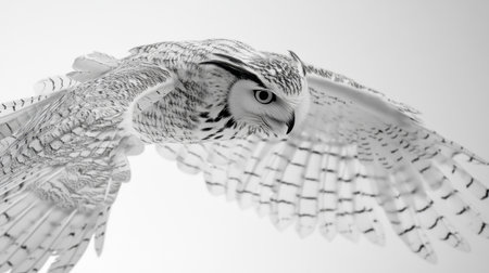 This stunning black and white photo captures a majestic owl in mid-flight, showcasing intricate feather details and an intense gaze against a minimal backdrop.の素材