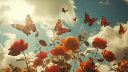 A captivating scene of colorful butterflies dancing above beautiful roses, bathed in warm sunlight under a cloudy sky. Perfect for nature lovers.の素材