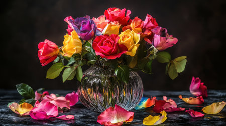 A stunning arrangement of colorful roses in a crystal vase, surrounded by scattered petals, showcasing the beauty of nature in an elegant setting.の素材