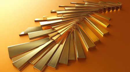 This captivating image showcases a dynamic arrangement of shiny gold bars on a warm orange background, reflecting light beautifully. Perfect for design inspiration.の素材