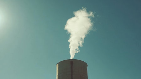 A tall industrial cooling tower releases white steam into the clear blue sky during daytime, highlighting energy production and its impact on the environment.の素材