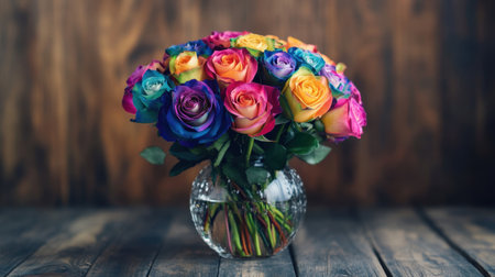 This stunning bouquet features an array of vibrant multicolored roses arranged elegantly in a glass vase, perfect for enhancing any space.の素材