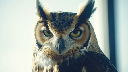 A stunning close-up of a magnificent owl, showcasing its intricate feather patterns and intense gaze. This portrait captures the bird's beauty and character in high detail.の素材
