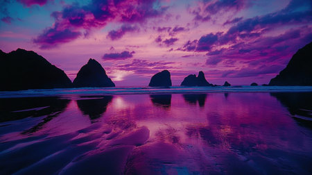 Experience the breathtaking beauty of a vibrant sunset with captivating purple and pink hues reflecting off serene ocean waves and rugged mountain silhouettes.の素材