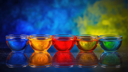 A striking arrangement of five glass bowls filled with colorful liquids set against a dramatic background of blue and yellow smoke, showcasing artistic beauty.の素材