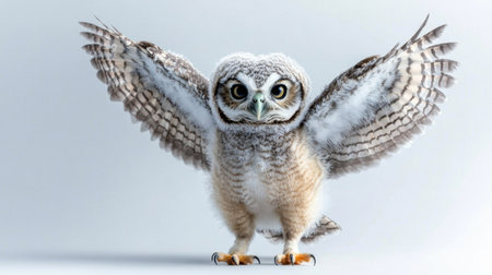 This captivating image features a young owl with its wings spread wide, revealing intricate feather patterns and a curious expression, set against a clean background.の素材