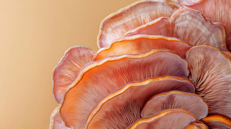 This striking close-up image showcases a vibrant orange and pink mushroom, emphasizing its intricate layers and natural beauty against a soft background.の素材