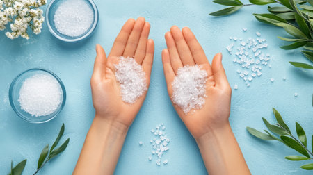 Two hands cradle sea salt and Epsom salt surrounded by fresh herbs on a soft blue surface, highlighting natural beauty and wellness in self-care practices.の素材