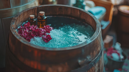 Discover a serene spa setting featuring a wooden barrel filled with tranquil water, aromatic oils, and delicate petals, perfect for relaxation and rejuvenation.の素材