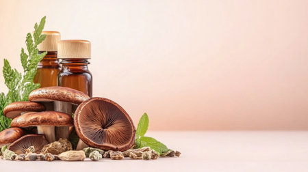 A visually serene composition showcasing brown mushrooms, fresh herbs, and essential oil bottles on a pastel backdrop, perfect for wellness concepts.の素材