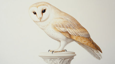This exquisite image features an elegant barn owl showcasing intricate feather patterns as it perches gracefully on a classical column. The striking eyes and soft texture highlight the beauty of wildlife art, capturing a serene moment in nature.の素材