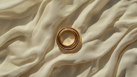 A stunning composition featuring elegant gold rings placed on a soft, flowing cream fabric. This image embodies luxury and sophistication, ideal for fashion-themed projects.の素材