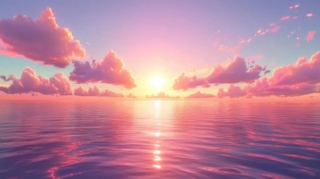 A stunning tranquil sunrise over calm ocean waters showcases colorful clouds and vibrant skies, creating a scene of serene beauty and peacefulness.の素材