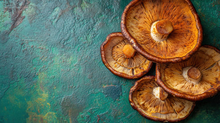 A captivating arrangement of sliced mushrooms on a colorful painted background showcasing their unique textures and natural beauty, perfect for food-related projects.の素材