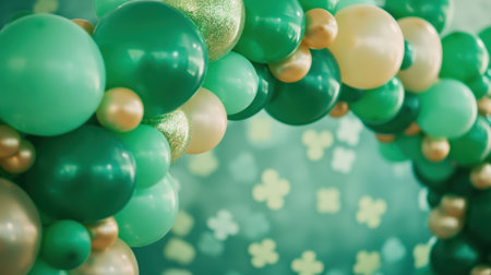 Vibrant balloon arch featuring various shades of green and gold accents, perfect for creating a cheerful atmosphere at celebrations or events.の素材