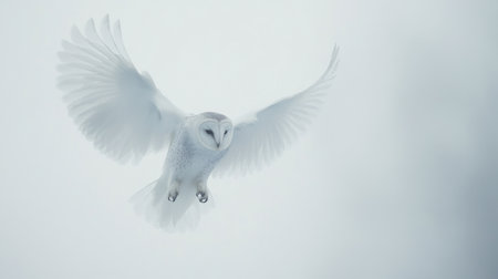 A striking white owl gracefully soars through a soft, hazy background, embodying beauty and freedom in a serene winter landscape.の素材