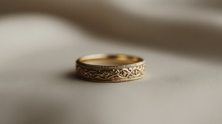 A beautifully crafted gold ring featuring an intricate design rests gracefully on soft fabric, showcasing elegance and craftsmanship. Perfect for jewelry photography.の素材