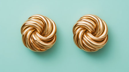 Two elegant golden decorative knots gracefully positioned on a soft mint green background, perfect for modern design enthusiasts.の素材