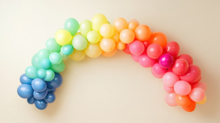A vibrant rainbow balloon arch featuring an array of colorful balloons, perfect for festive events and celebrations, creating a joyful atmosphere.の素材