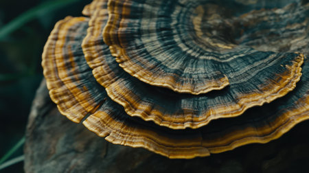 Captivating detailed close-up of layered mushroom fungi showcasing vibrant colors and intricate textures in a serene forest environment.の素材