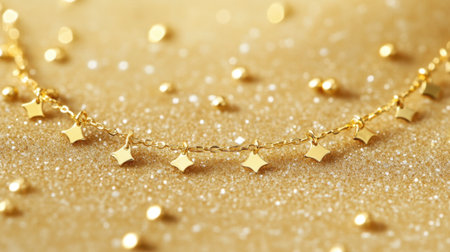 This stunning gold necklace features delicate star charms, beautifully set against a shimmering golden backdrop, ideal for showcasing elegance and luxury.の素材