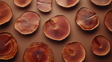 A visually appealing arrangement of natural wood slices showcasing intricate textures and patterns against a warm brown background. Ideal for creative projects.の素材