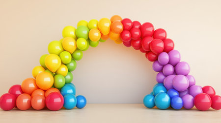 This vibrant balloon rainbow arch decoration is perfect for adding a cheerful touch to any festive celebration or event. Bright colors create a playful atmosphere.の素材