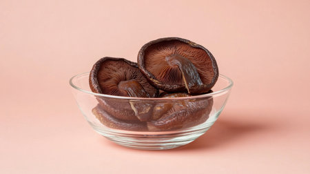 A stunning arrangement of dried mushrooms elegantly placed in a clear glass bowl against a soft pink background, showcasing their unique textures and colors. Perfect for culinary inspiration and food art.の素材