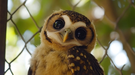 An enchanting close-up photo of a curious owl, showcasing its large expressive eyes and intricate feather details, set against a natural backdrop.の素材