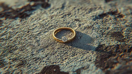 This image features an exquisite gold ring with a brilliant diamond, beautifully set on a textured stone surface, highlighting its elegance and charm.の素材