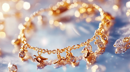 This image showcases an elegant gold bracelet adorned with charming charms and bright gemstones, set against a soft, reflective background that enhances its beauty.の素材