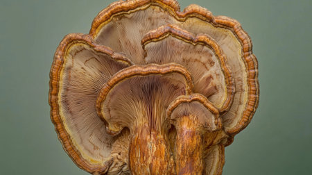 This striking close-up showcases a vibrant brown mushroom, highlighting its unique texture and intricate gills against a soft green backdrop, ideal for nature lovers.の素材
