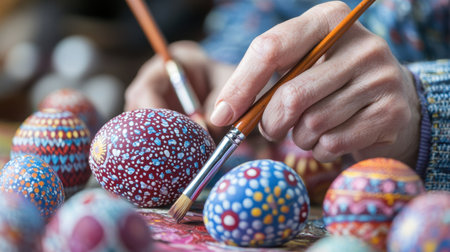 A skilled artist carefully paints intricate designs on colorful Easter eggs using fine brushes, surrounded by a vibrant display of artistic expression.の素材