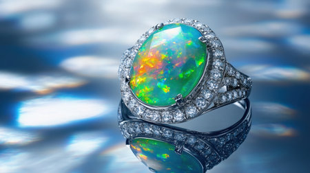 This exquisite opal ring showcases a vibrant play of colors complemented by sparkling diamonds, creating a stunning visual effect on a reflective surface.の素材