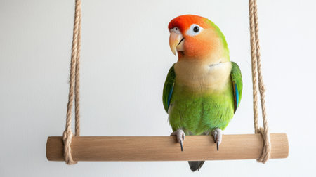 A vibrant and charming parrot perched on a wooden swing, highlighted by its bright feathers and playful demeanor, perfect for nature and pet enthusiasts.の素材