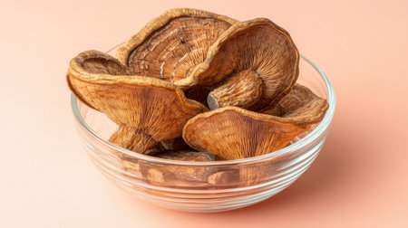 A captivating display of dried mushrooms arranged in a clear glass bowl, set against a soft peach background, perfect for culinary inspiration.の素材