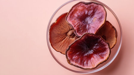A beautifully styled arrangement of vibrant mushrooms in a clear glass bowl, set against a soft pink backdrop, ideal for culinary art and food photography.の素材