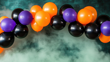 Vibrant orange, purple, and black balloons create an eye-catching decoration against a foggy backdrop, perfect for festive events and celebrations.の素材