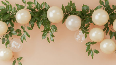 This image features a stylish arrangement of golden balloons paired with lush green leaves against a soft peach background, ideal for festive occasions.の素材