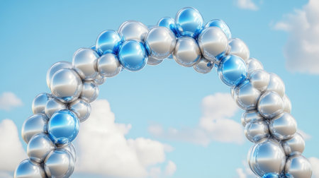 Captivating shiny silver and blue balloon arch set against a bright sky with fluffy clouds, ideal for celebrations, events, or photography.の素材