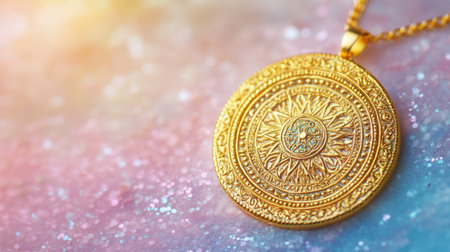 This stunning gold pendant features intricate designs and captures elegance, shining brightly against a colorful, sparkly background, perfect for jewelry enthusiasts.の素材